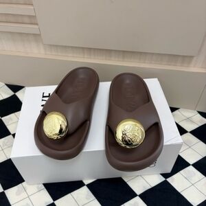 Designer-Style Brown Slide Sandals with Gold Medallion